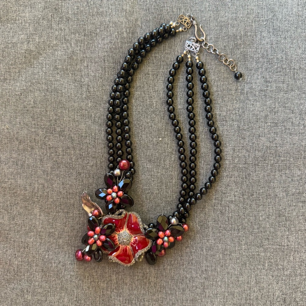 Sterling Silver Enamel Rhinestone Crystal Embellishments Beaded Floral Necklace